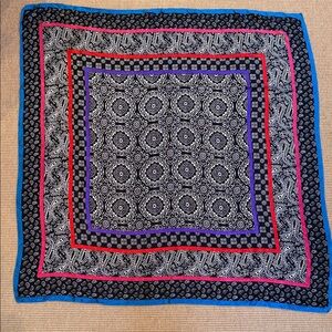 Vintage Large Silk Scarf- Black & White w/ Turquoise, Pink, Red & Purple